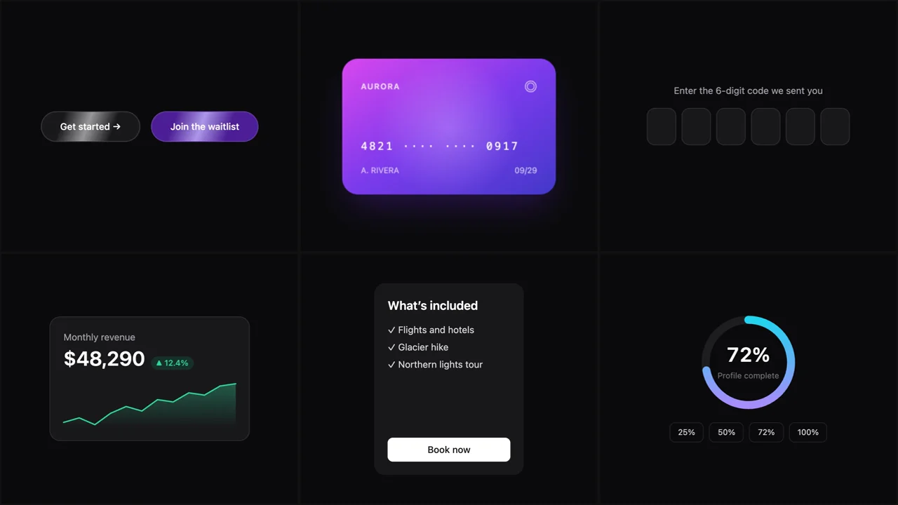 Original React and Tailwind UI components: shimmer buttons, a tilt card, an OTP input, a stats card, a flip card and a progress ring