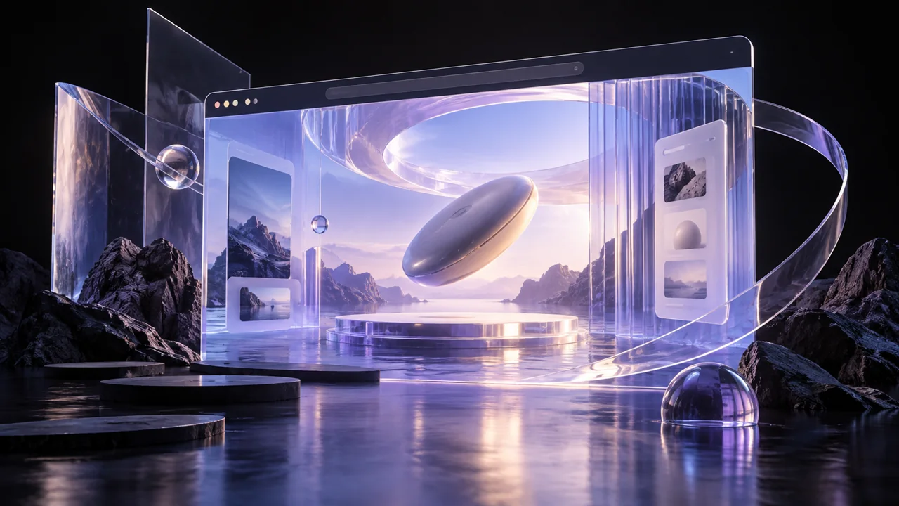 Immersive browser portal containing layered glass geometry and an interactive three-dimensional product form