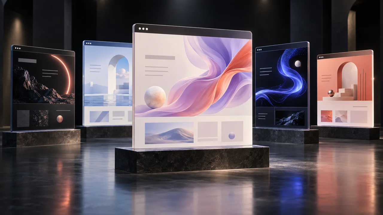 Curated gallery of distinct animated website template directions in a dark exhibition space
