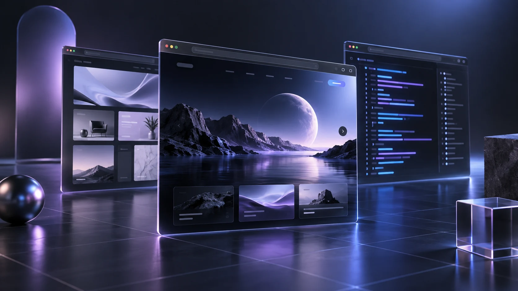 Three illuminated browser panels showing a website library, cinematic landing page and structured design source in a dark studio