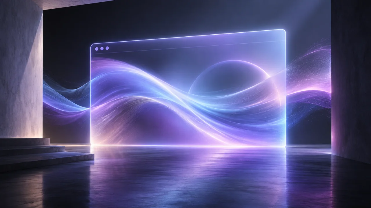 Luminous lavender and blue animated background flowing through a transparent browser frame in a dark gallery