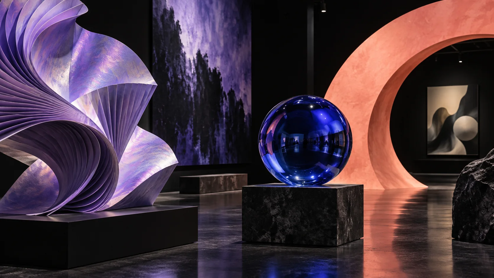 Iridescent violet paper forms, a cobalt glass sphere and coral arc arranged in a dark contemporary gallery