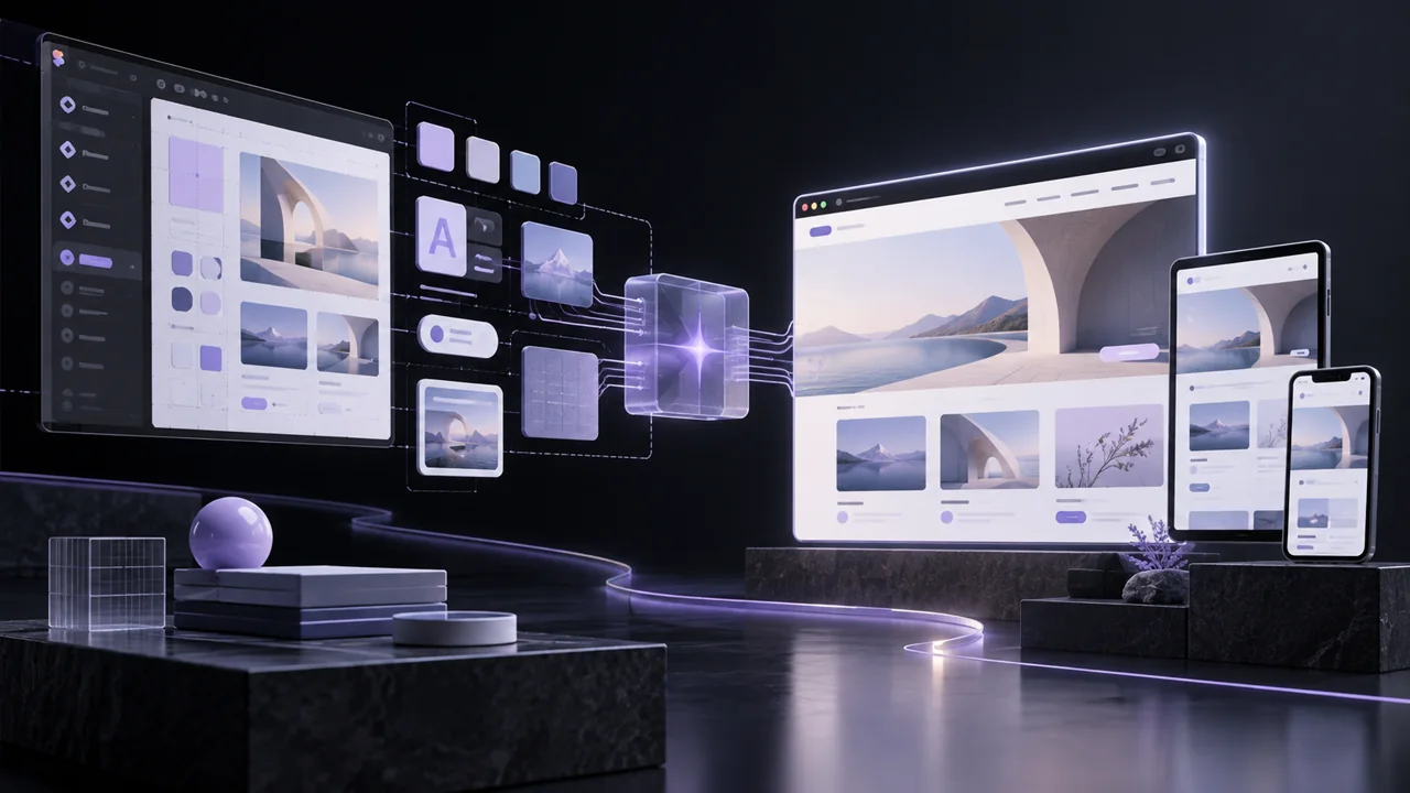 Design tokens and component cards flowing from a design canvas into a finished AI-built website