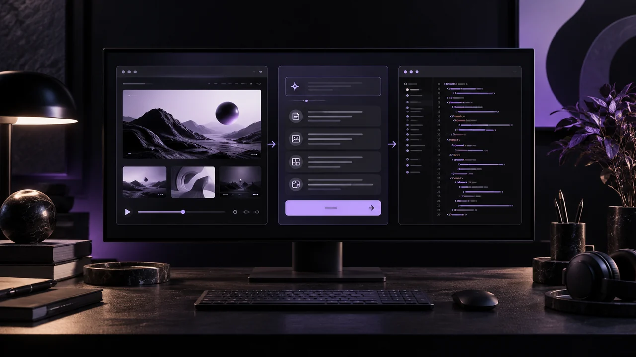 Creative studio monitor comparing a motion preview, structured AI prompt and editable website source code