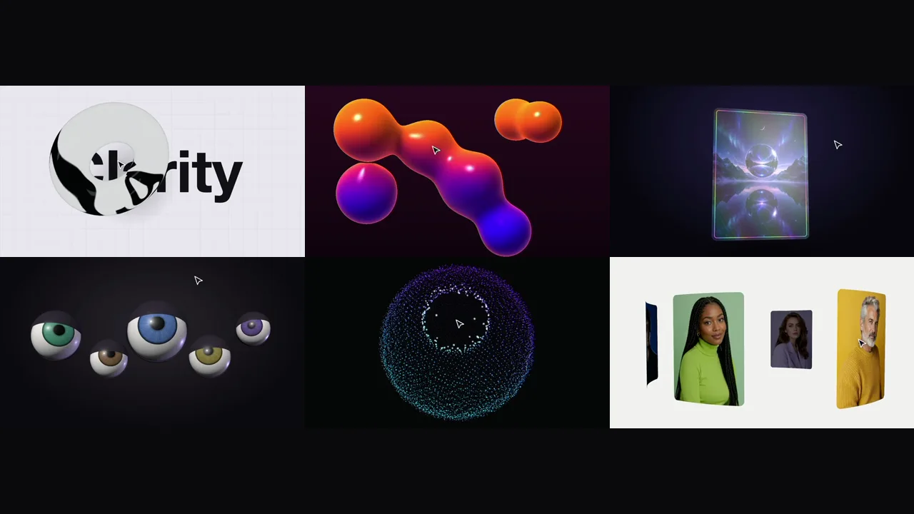 Six interactive 3D website templates: a glass ring over type, lava blobs, a holographic card, glossy eyes, a particle sphere and a curved portrait carousel