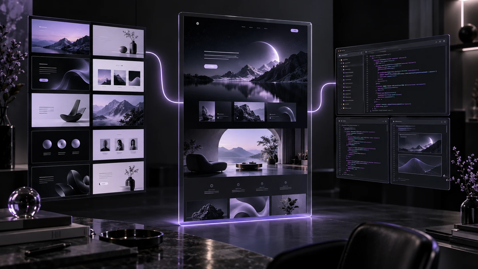 Website sections, a finished landing page and structured editable source connected by a violet path in a dark design studio