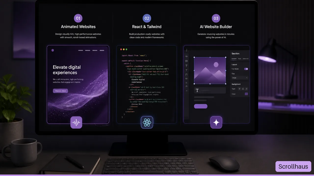 Workspace comparing animated website previews, editable code and AI website builder tools