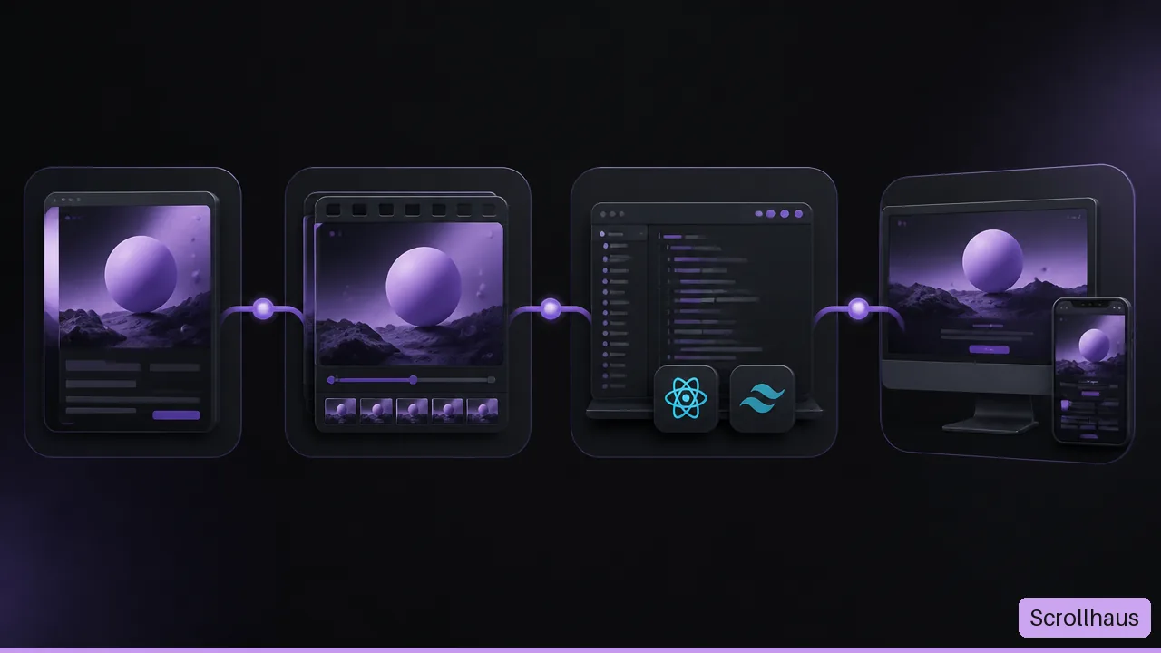 Diagram showing the workflow from animated website preview to editable code and responsive deployment