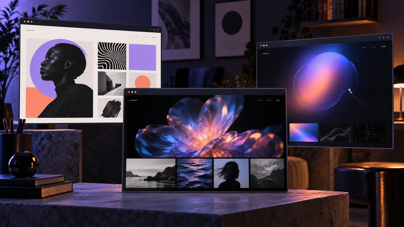 Editorial portfolio website examples presented in colourful browser panels on a deep violet background