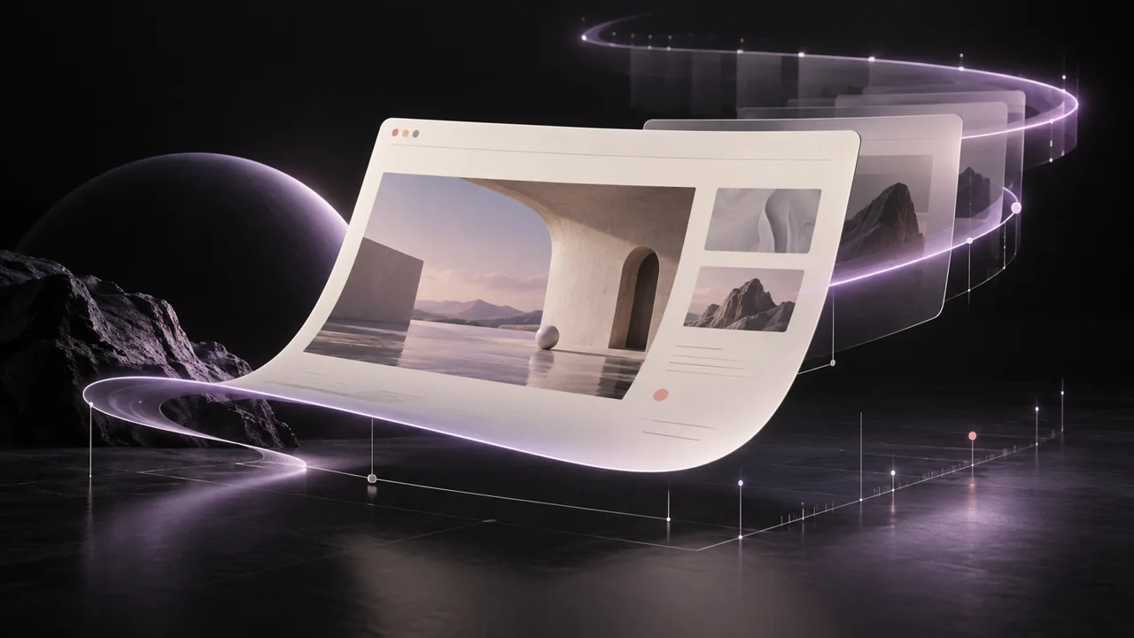 Abstract browser surface following a smooth lavender motion path through a dark studio