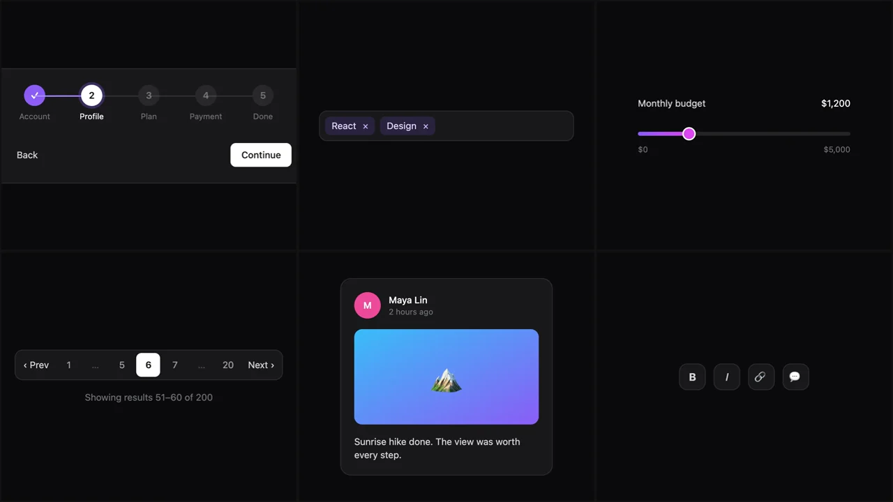 Original React and Tailwind UI components: a stepper, tag input, range slider, pagination, skeleton loader and smart tooltip