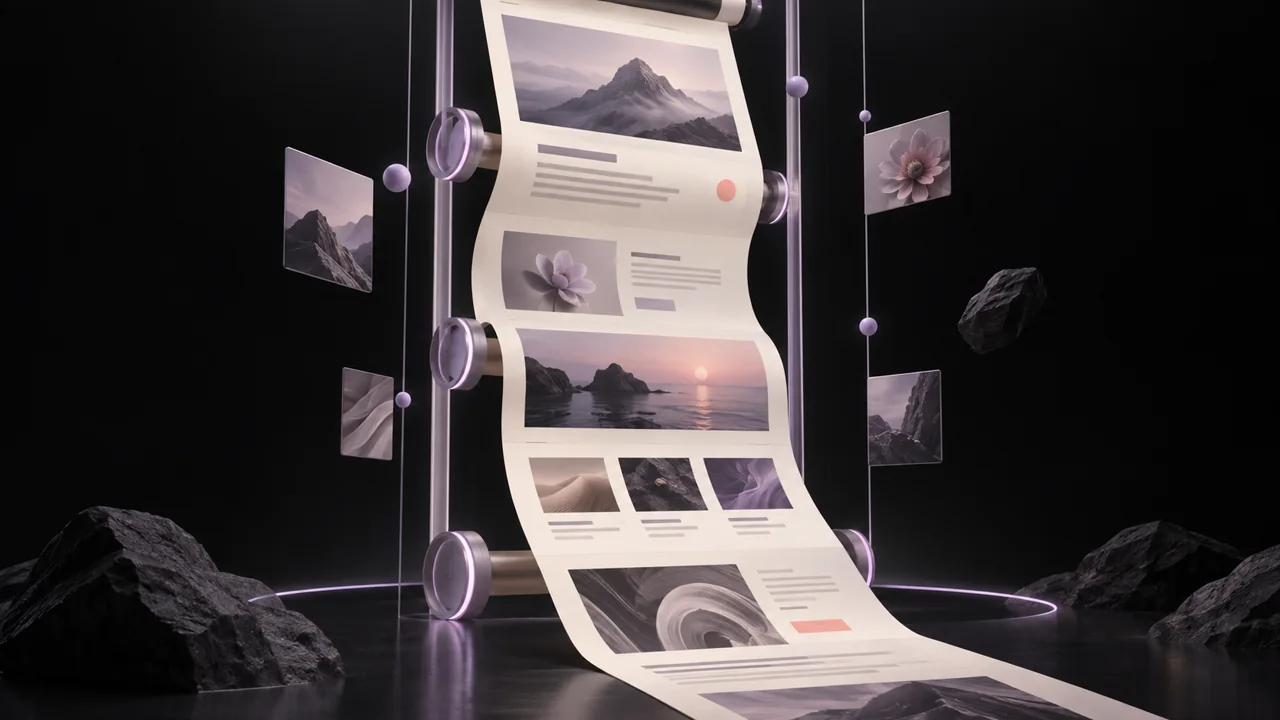 Long ivory webpage ribbon unfolding through lavender scroll guides and a series of animated content sections