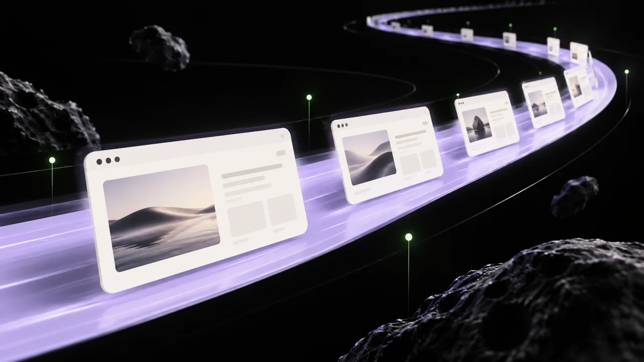 Fast webpage gliding smoothly along a continuous lavender motion ribbon