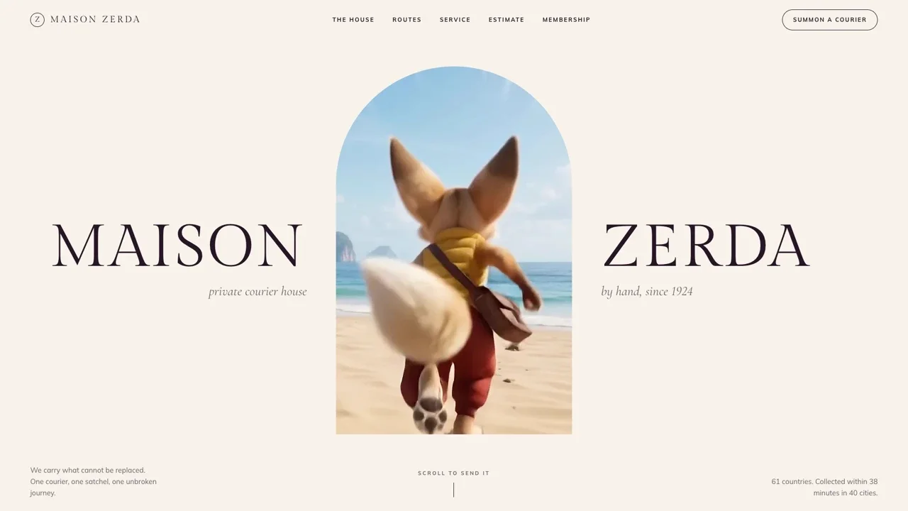 Arched film window between the words Maison and Zerda on a scrollytelling website