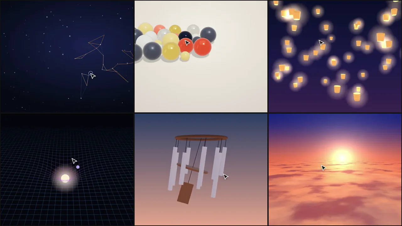 Interactive 3D scenes for websites: a constellation of linked stars, magnet orbs, sky lanterns, a spacetime grid, wind chimes and a cloud sea