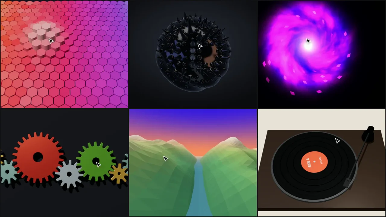 Interactive 3D website templates built with three.js: honeycomb cells, a ferrofluid blob, a portal vortex, gears, a low-poly valley and a vinyl turntable