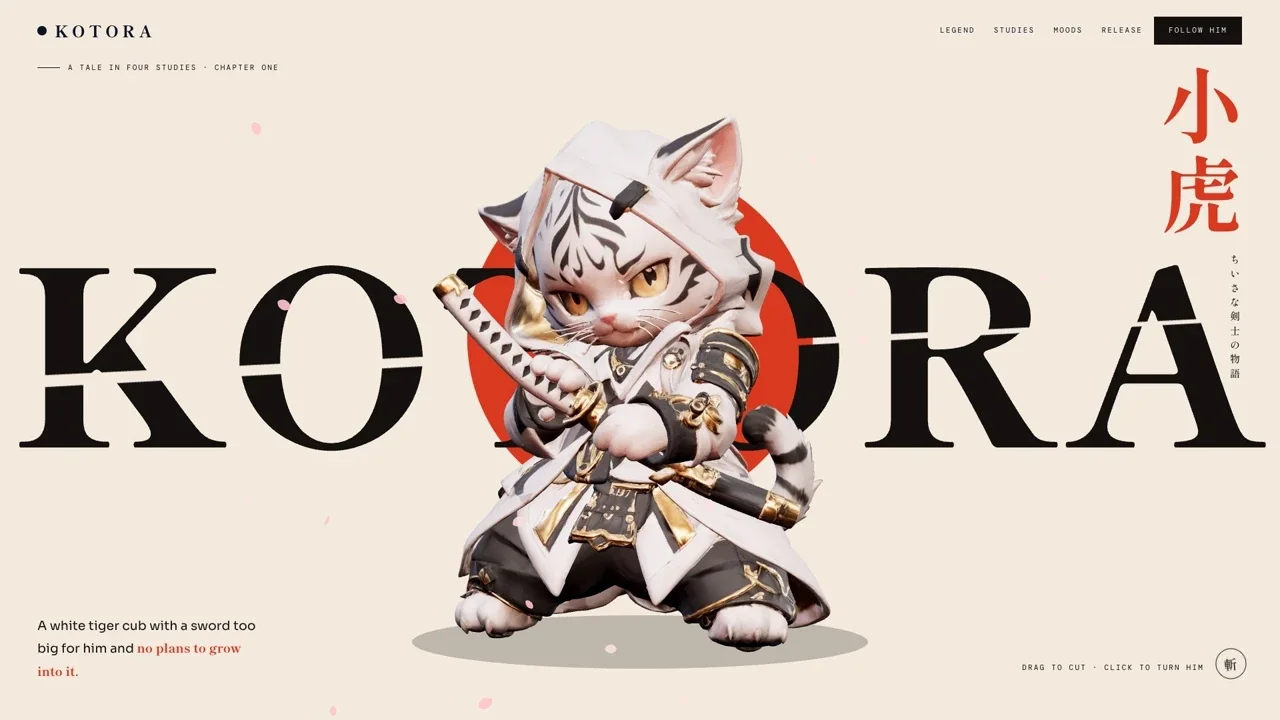 White tiger cub in a samurai coat from a 3D animated website template adapted in v0