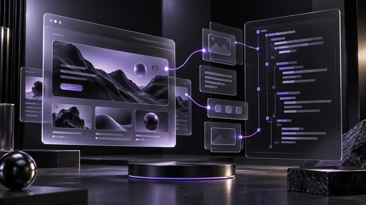 Layered translucent website panels connected to structured editable source code by a glowing lavender path