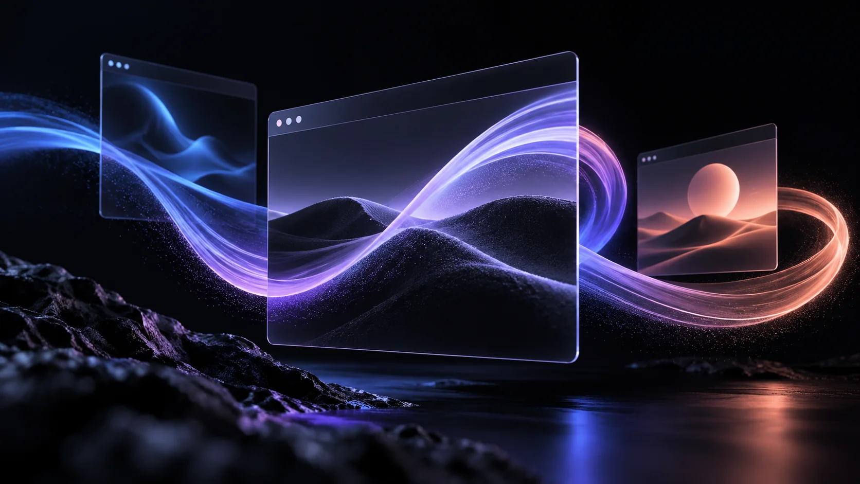 Abstract browser frames with flowing violet, blue and coral motion trails on a dark background