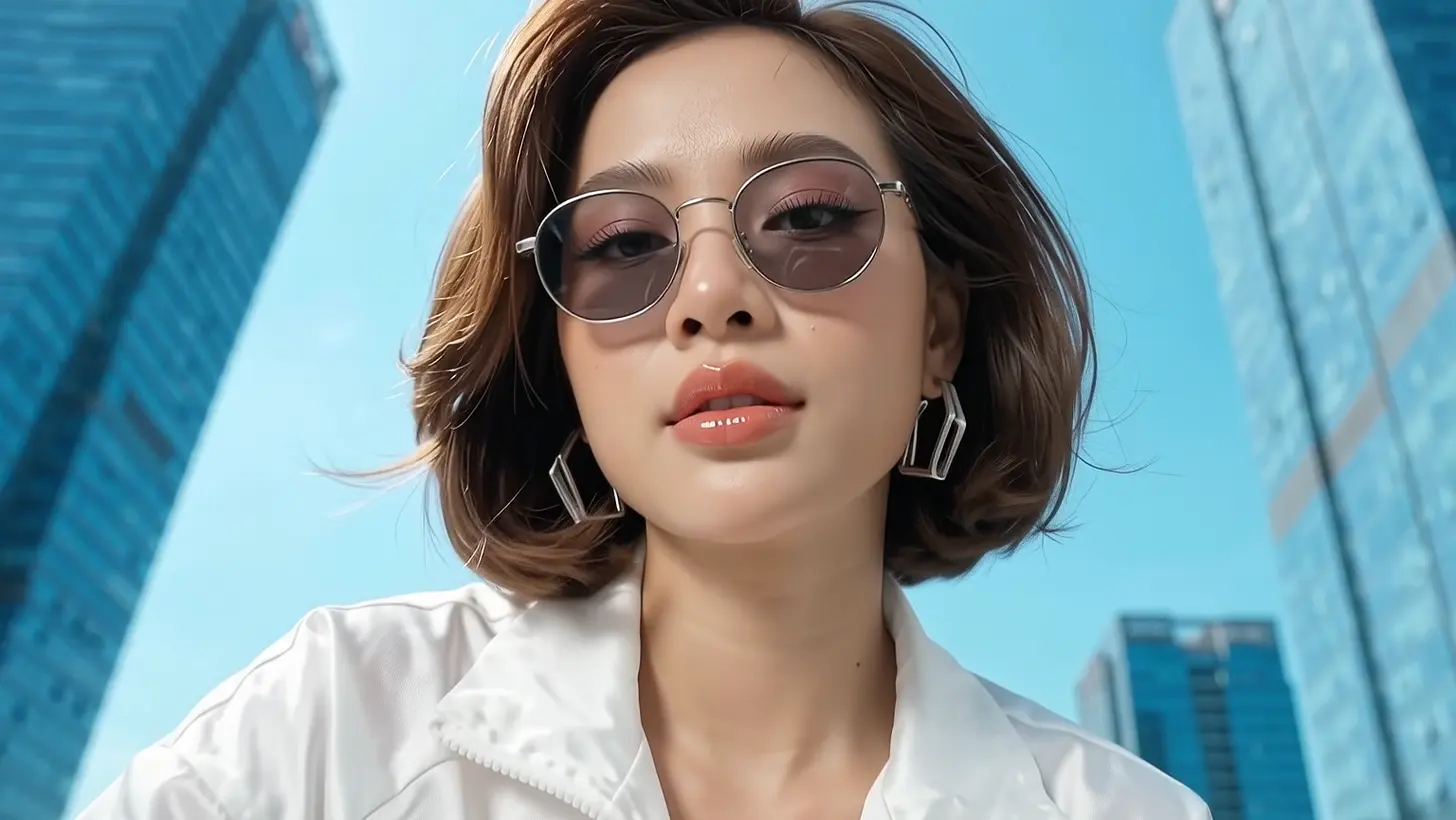 Close portrait in round sunglasses against the sky