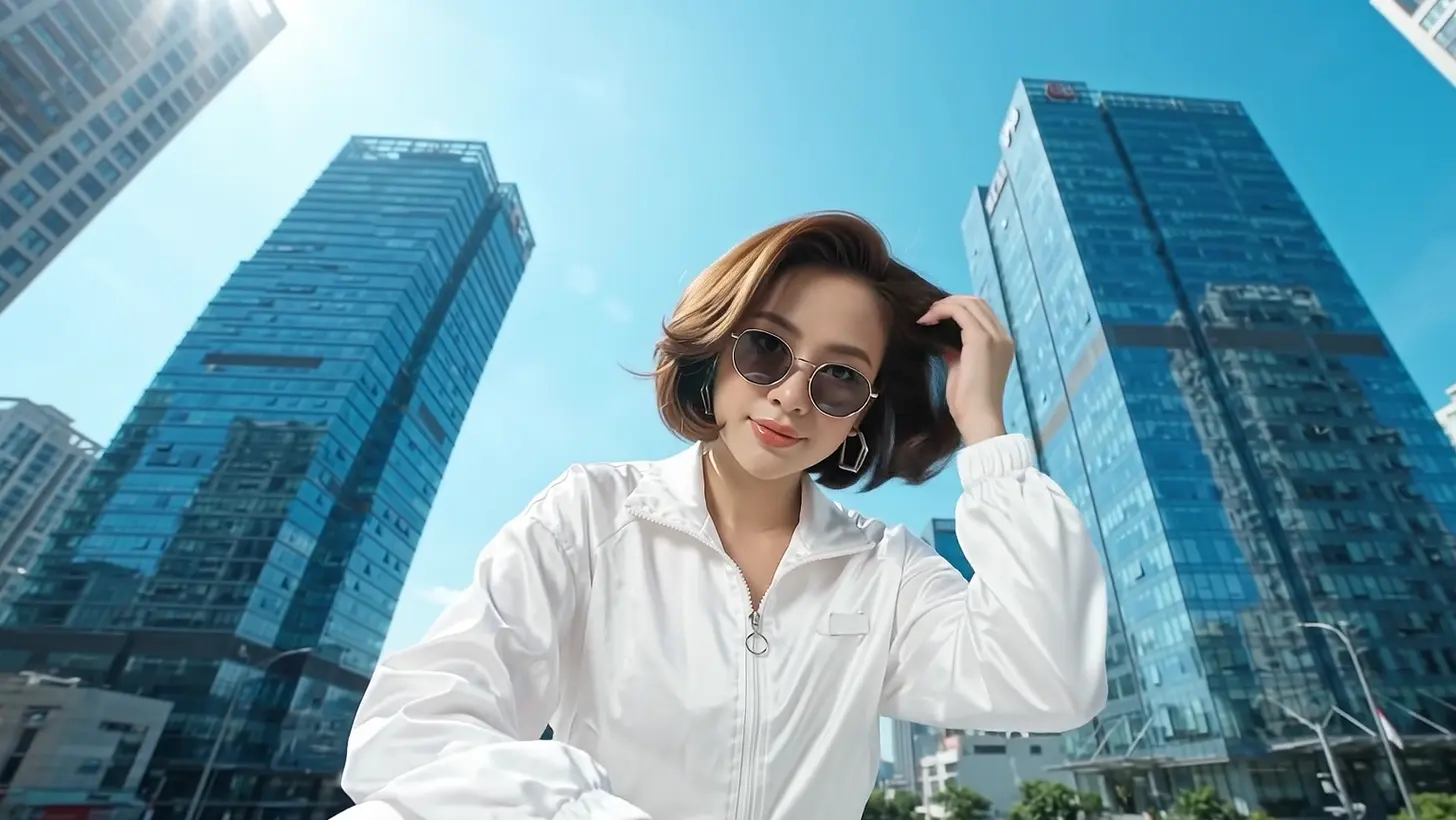 A hand in the hair, jacket collar up, towers behind