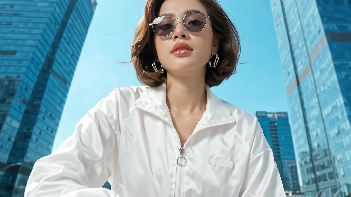 White track jacket with a chin-high zip, worn against blue glass towers