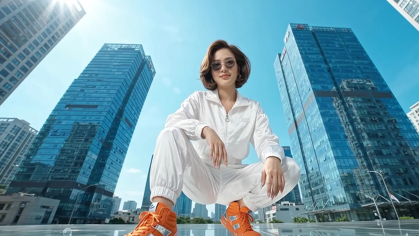The full set on the glass plaza, orange high-tops in front