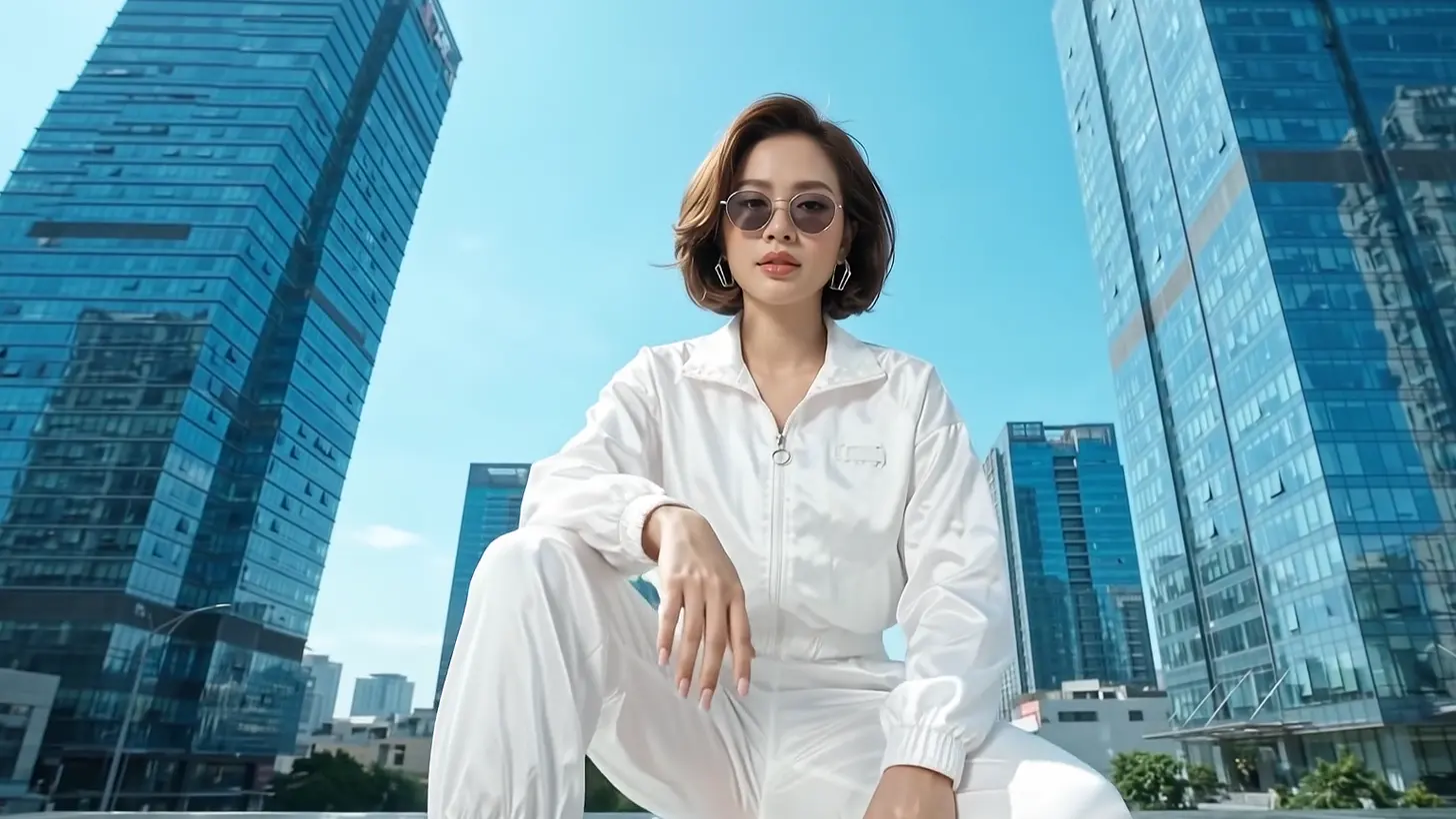 White cuffed track trousers worn crouching on a glass plaza