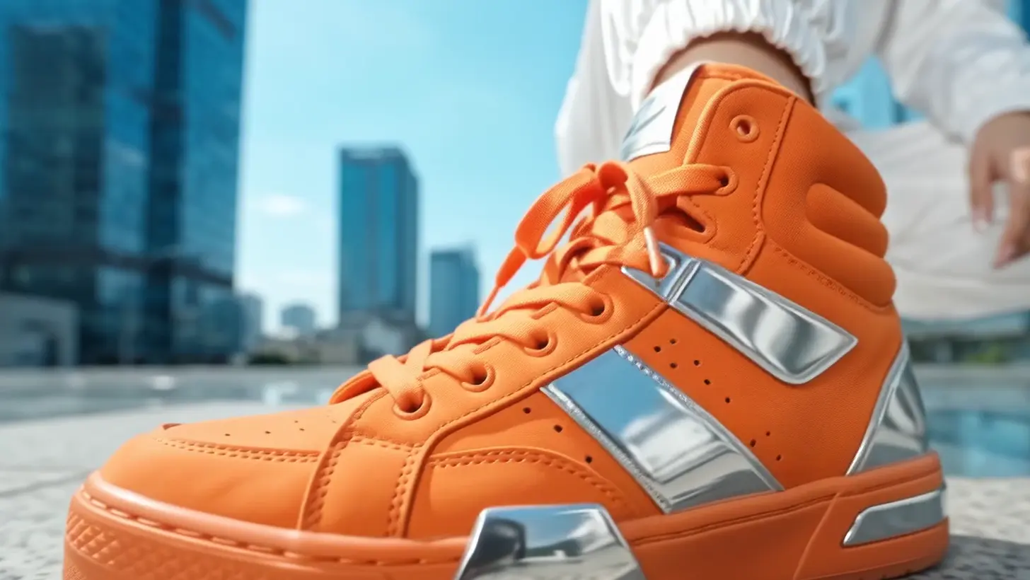 Signal-orange high-top sneaker with a mirrored silver side panel on a stone pavement