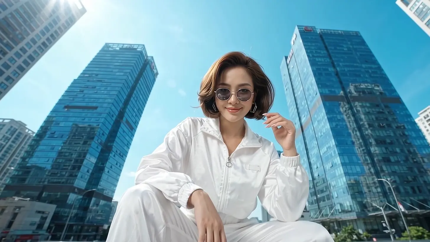 Full-length crouching pose framed by two glass towers