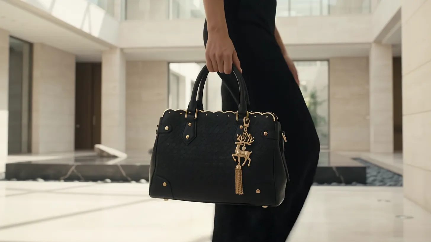 Mid-stride past a reflecting pool, the bag in the right hand