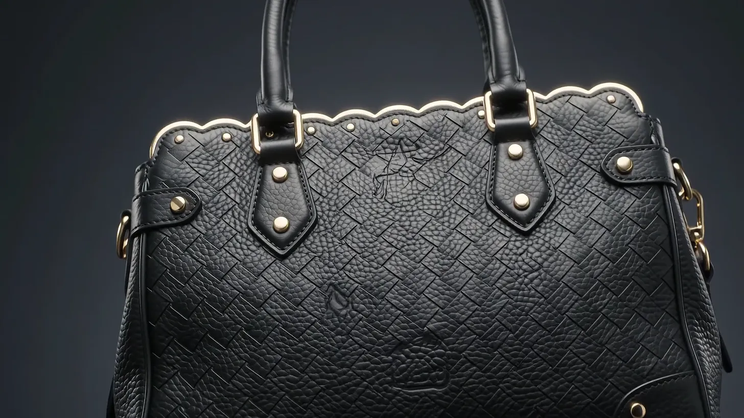 The front of the bag in black woven calf, brass-trimmed tabs and studs