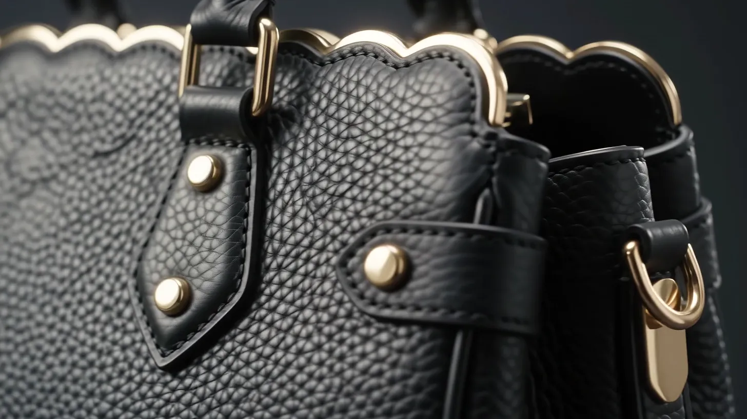 Pebbled calf, a stitched tab and a brass D-ring