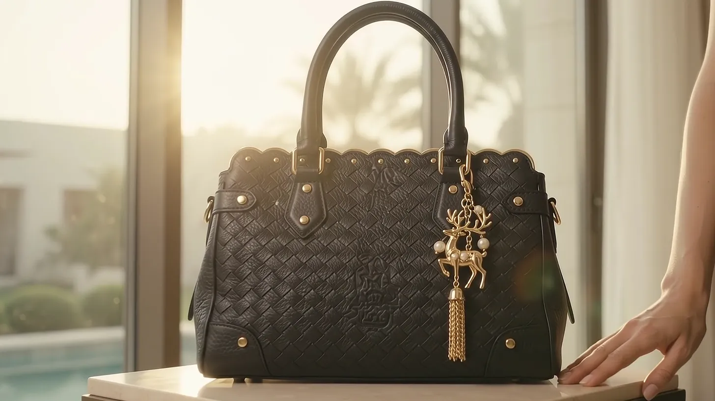 The bag set down on a stone plinth by the window, a hand resting beside it