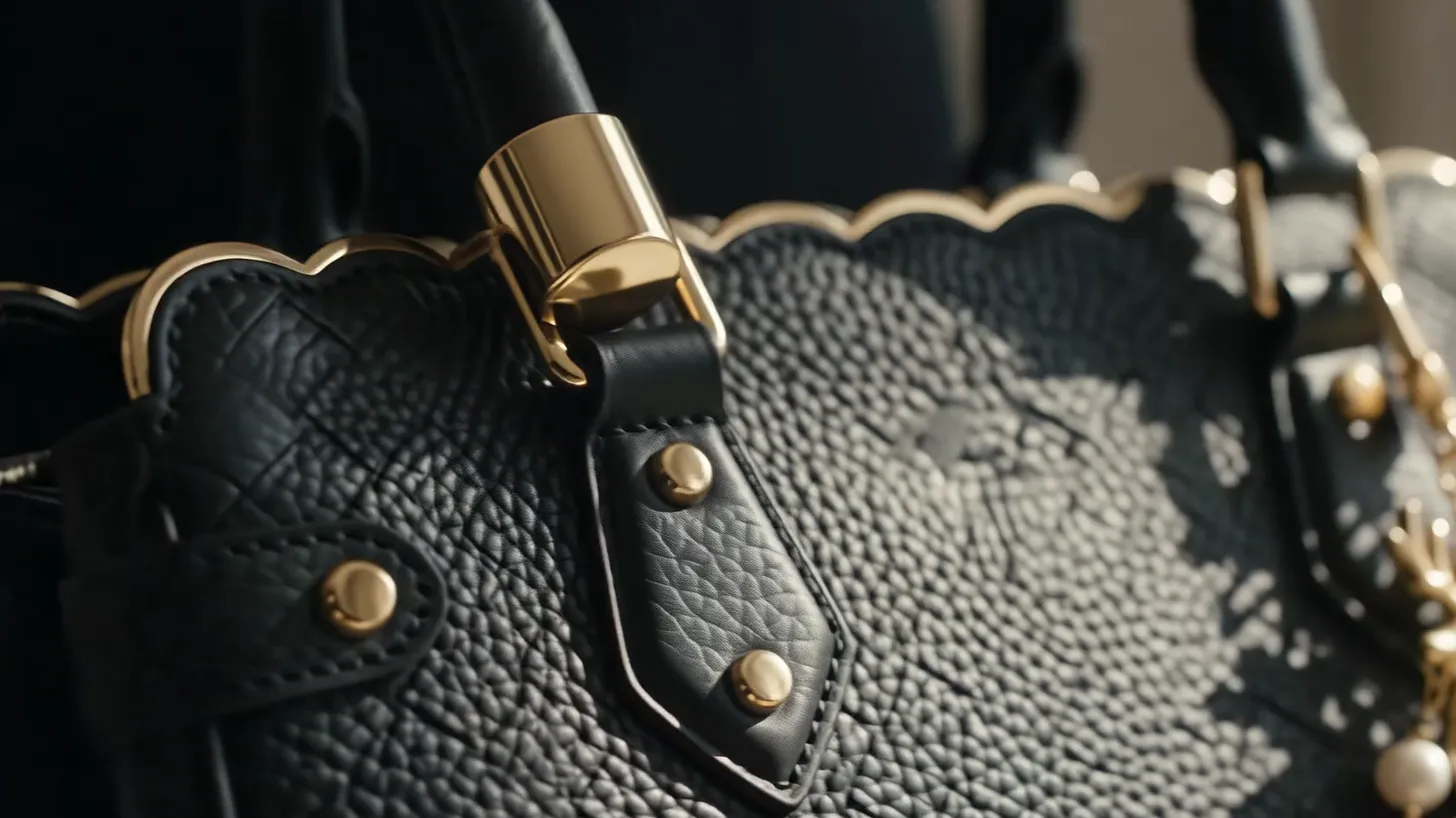 Close-up of the scalloped brass edge along the bag's opening
