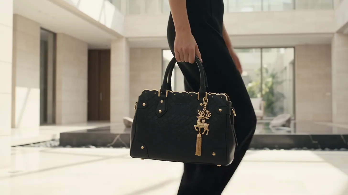 The bag carried at the hip across a pale stone atrium