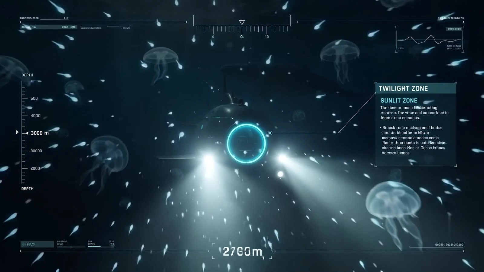The submersible surrounded by suspended sea life