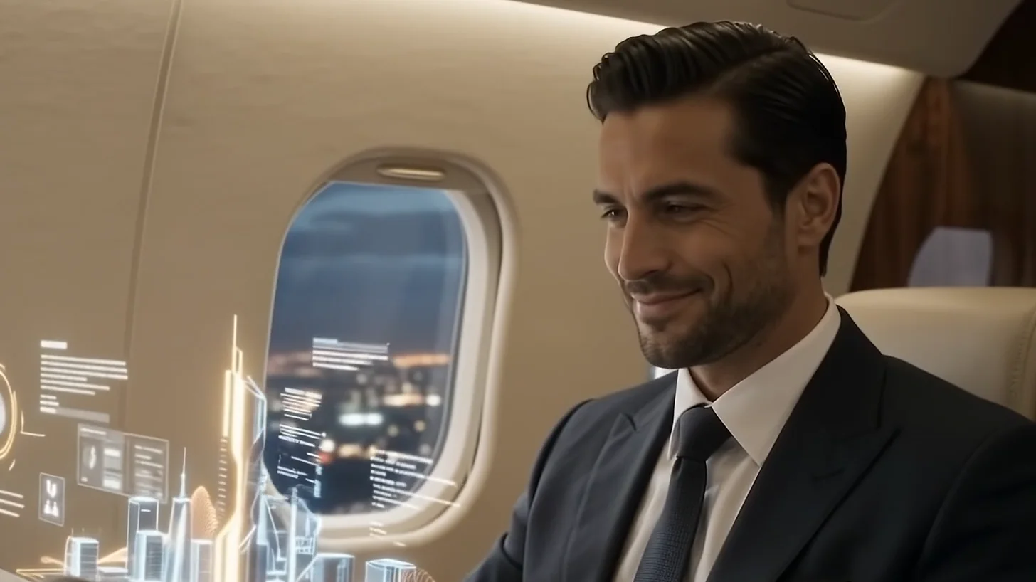 The principal smiling in his seat as city lights appear through the cabin window