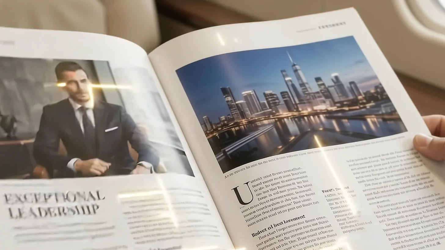 The printed briefing open on a lap: a portrait spread titled Exceptional Leadership beside a city skyline