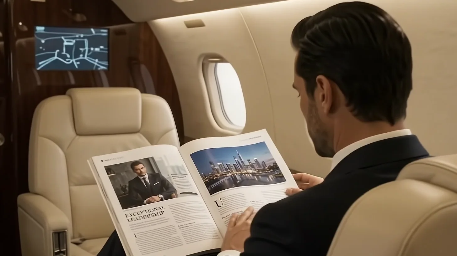A principal in a cream leather cabin seat, reading the morning briefing by the window