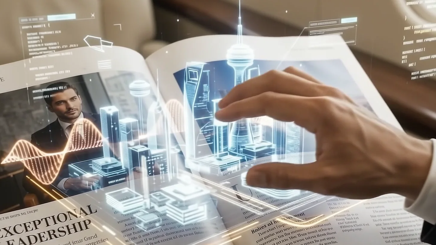 A hand reaching into a holographic city model rising from the pages of the briefing