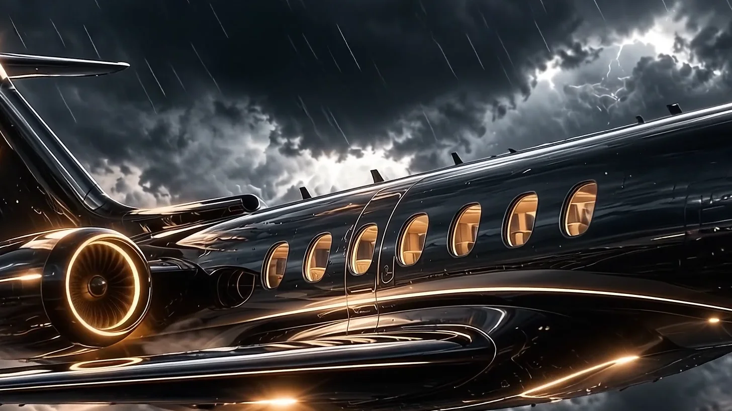A black private jet lit by its own window lights, flying through a storm at night