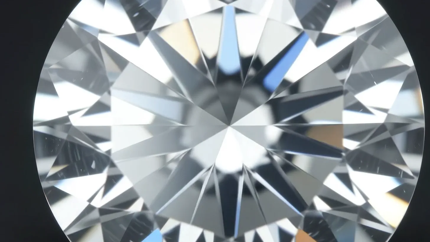 A round brilliant diamond seen face-up, its facets throwing white and blue light
