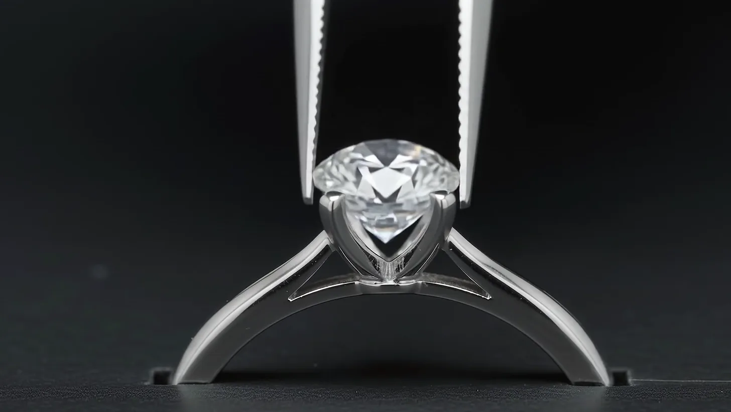 Tweezers lowering a round diamond into the claws