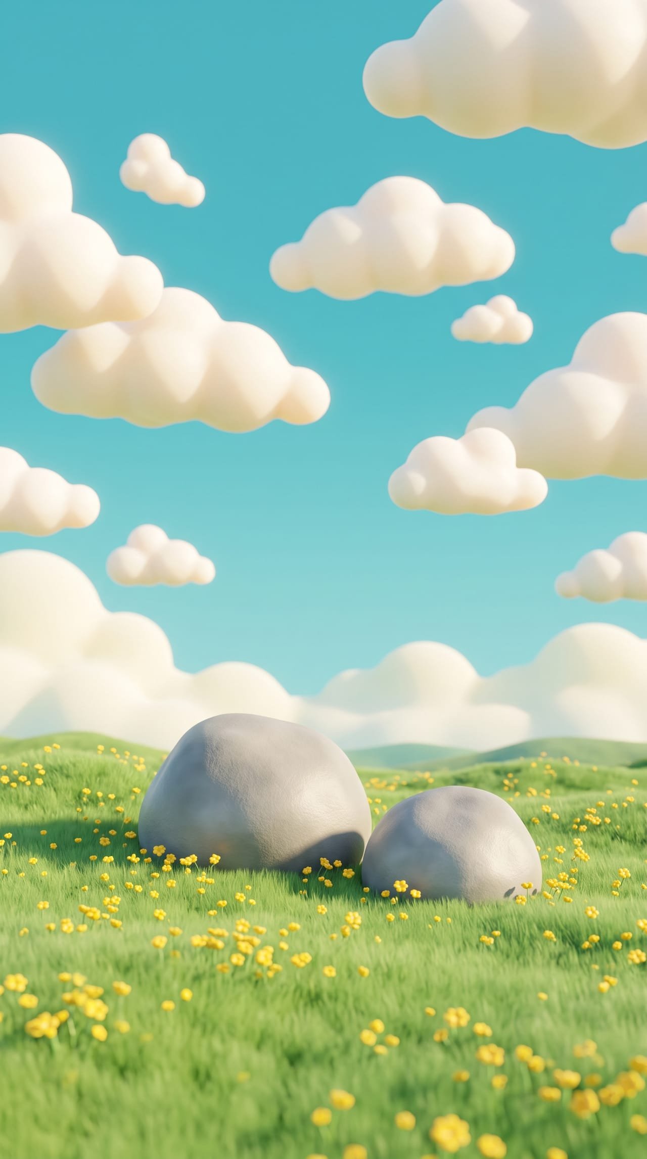 Teal sky with clouds and meadow