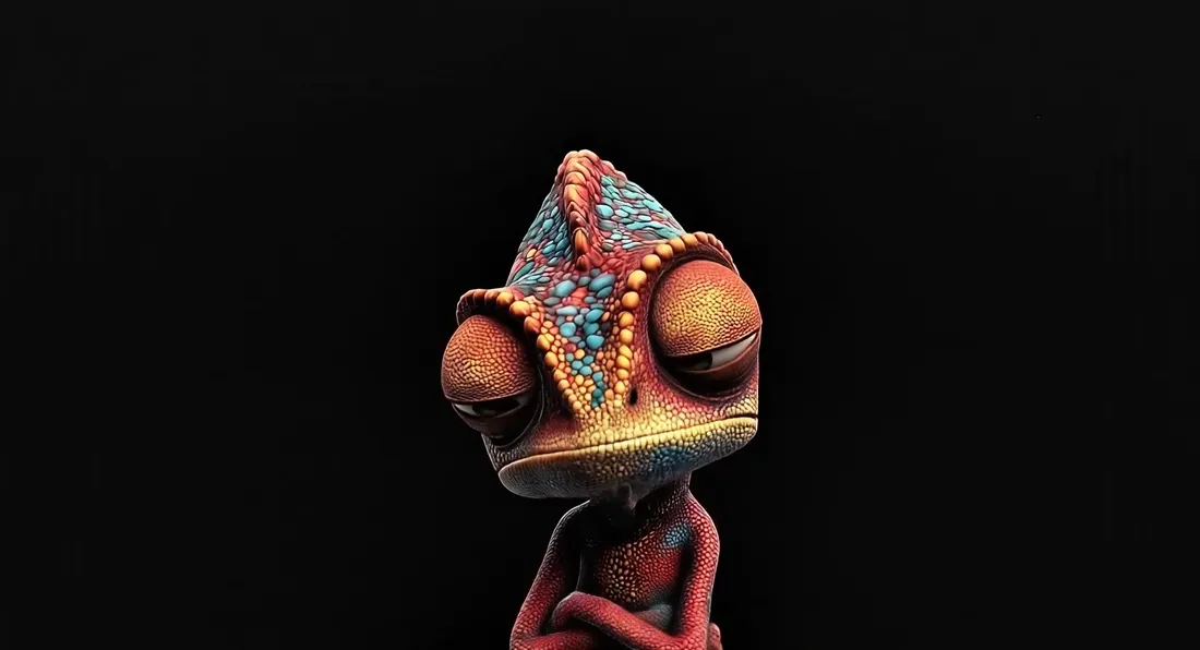 The chameleon muted and withdrawn, arms folded