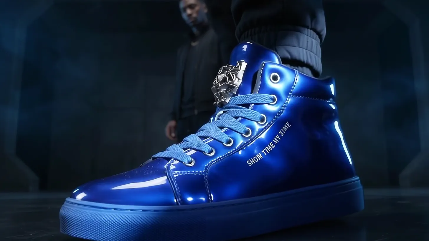 The shoe in profile with the gilt crest lit from the side