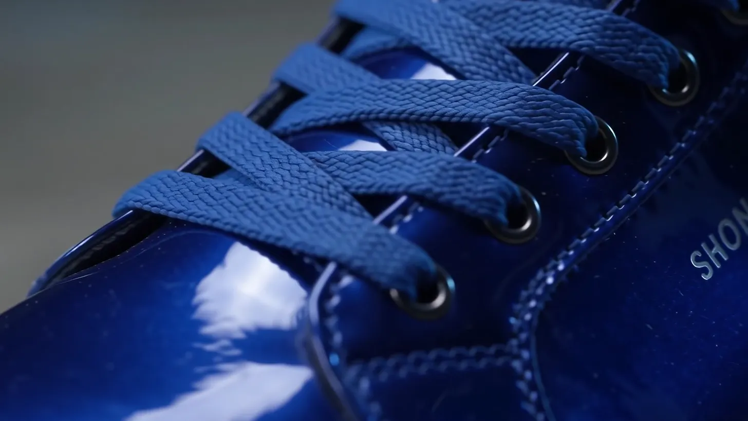 Cobalt flat laces crossing through gunmetal eyelets, the side stamped with the maker's line
