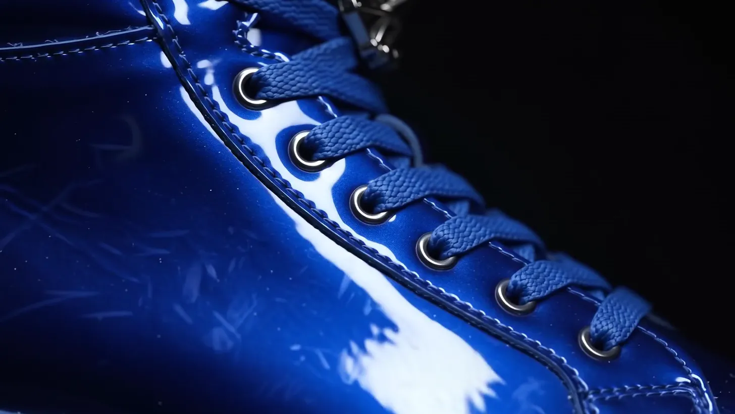 Close-up of cobalt patent leather reflecting a sharp white highlight along the eyelets