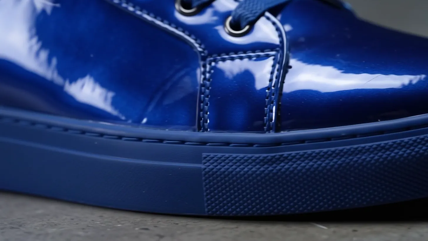 The cobalt cupsole and toe of the shoe on grey concrete